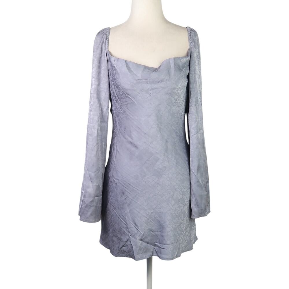 White Fox silver blue cowl neck long sleeve satin mini dress S